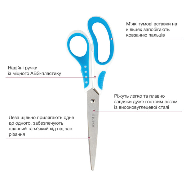 Büroscheren Axent Shell 6305-02-A, 21 cm, mit gummierten Komfort-Griffen, weiß-slau