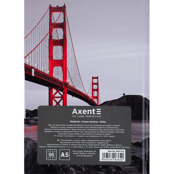Notebook Axent R&B Bridge 8457-3-A, A5, 96 sheets,  squared, hard cover