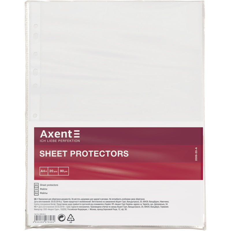 Prospekthülle Axent 2009-20-A, A4+, glänzend, 90µm, 20 St., farbig