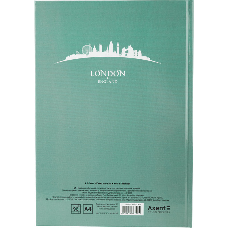 Notebook Axent Maps London 8422-516-A, A4, 96 sheets, squared, turquoise