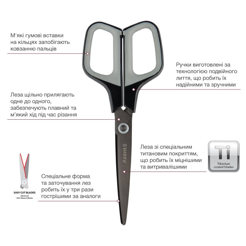 Büroscheren Axent Titanium 6306-03-A, 19 cm, mit gummierten Komfort-Griffen, graphit-grau