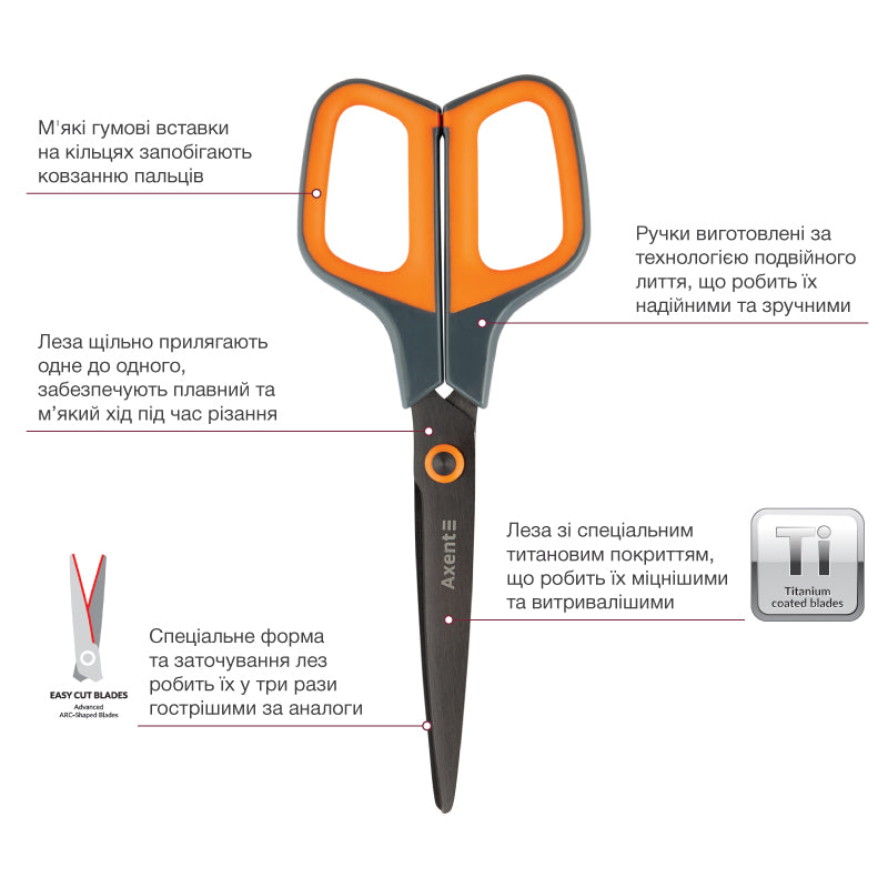 Büroscheren Axent Titanium 6306-06-A, 19 cm, mit gummierten Komfort-Griffen, grau-orange