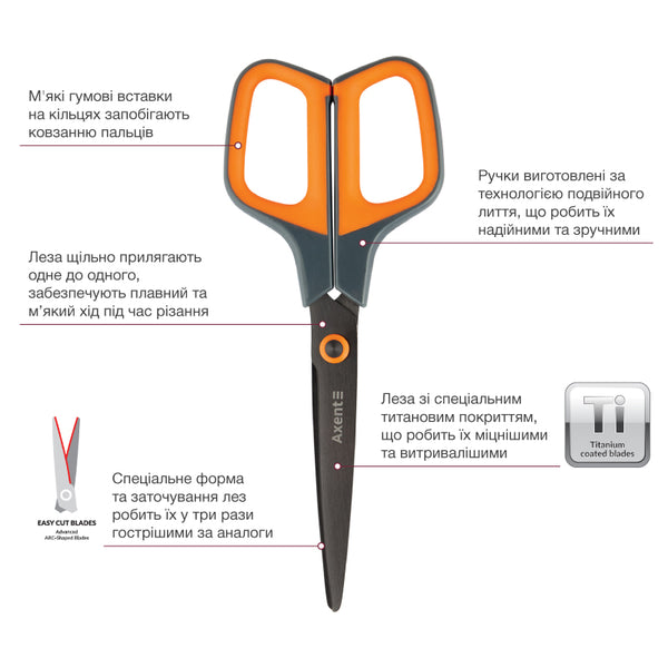 Büroscheren Axent Titanium 6306-06-A, 19 cm, mit gummierten Komfort-Griffen, grau-orange