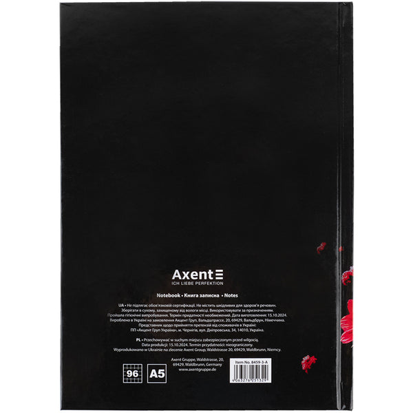 Notizbuch Axent Red fleur 8459-3-A, A5, 96 Blätter, Zelle, Hardcover