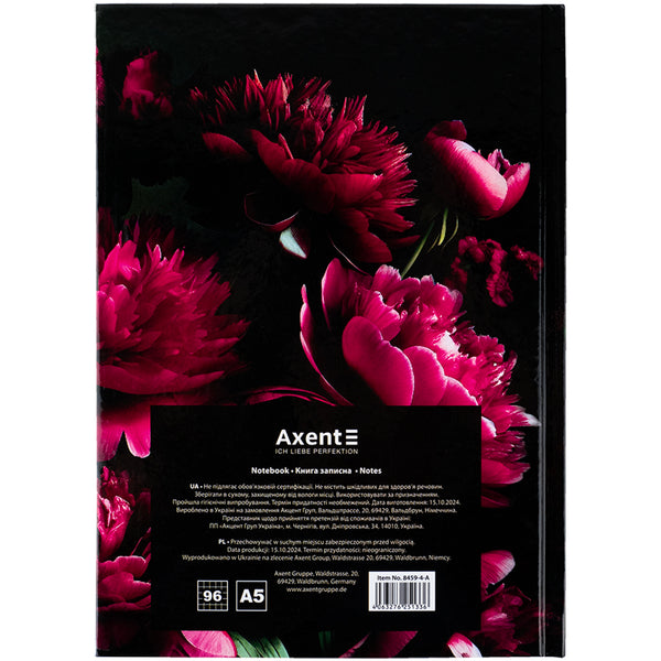 Notizbuch Axent Crimson Fleur 8459-4-A, A5, 96 Blätter, Zelle, Hardcover