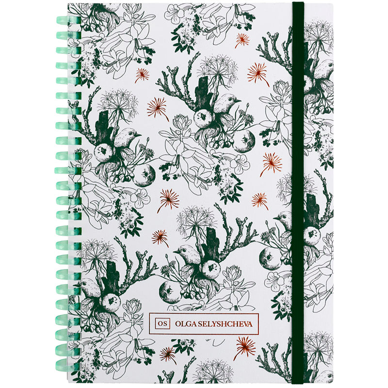 Spiral notebook Axent Olga Selyshcheva, Green birds 8471-3-A-OS, A5, 80 sheets, squared, cardboard cover