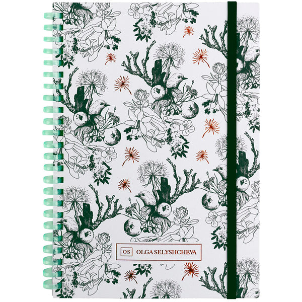Spiral notebook Axent Olga Selyshcheva, Green birds 8471-3-A-OS, A5, 80 sheets, squared, cardboard cover