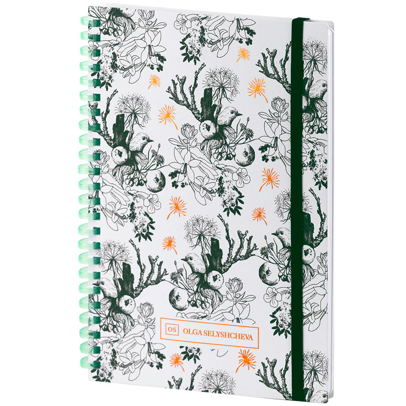 Spiral notebook Axent Olga Selyshcheva, Green birds 8471-3-A-OS, A5, 80 sheets, squared, cardboard cover