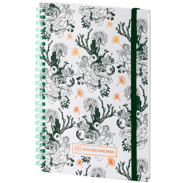 Spiral notebook Axent Olga Selyshcheva, Green birds 8471-3-A-OS, A5, 80 sheets, squared, cardboard cover