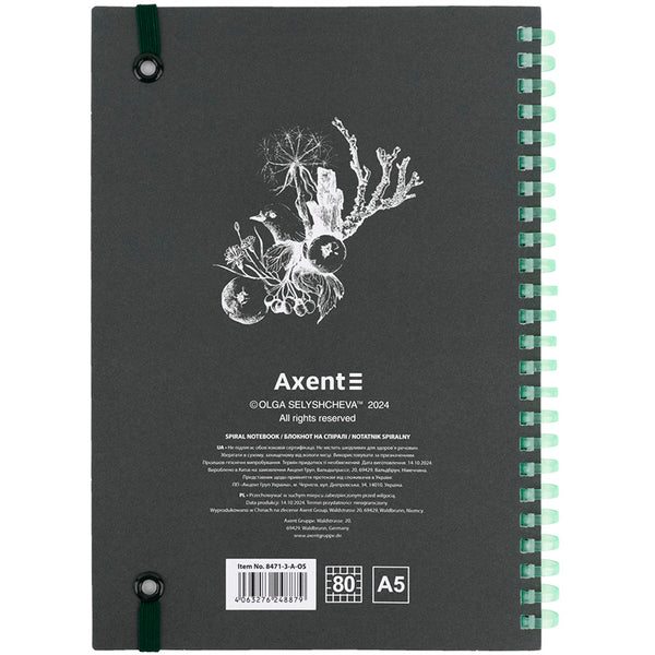 Spiral notebook Axent Olga Selyshcheva, Green birds 8471-3-A-OS, A5, 80 sheets, squared, cardboard cover
