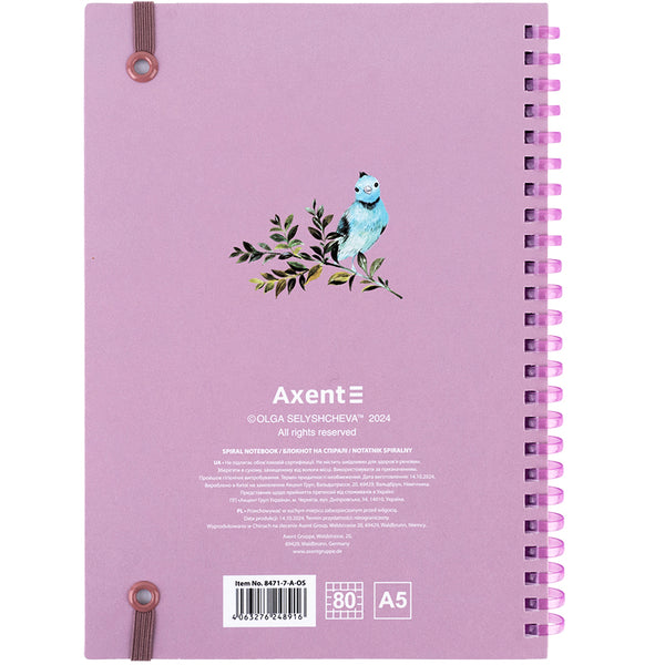 Spiralnotizbuch Axent Olga Selyshcheva, Blaue Vögel 8471-7-A-OS, A5, 80 Blätter, Zelle, Kartonabdeckung