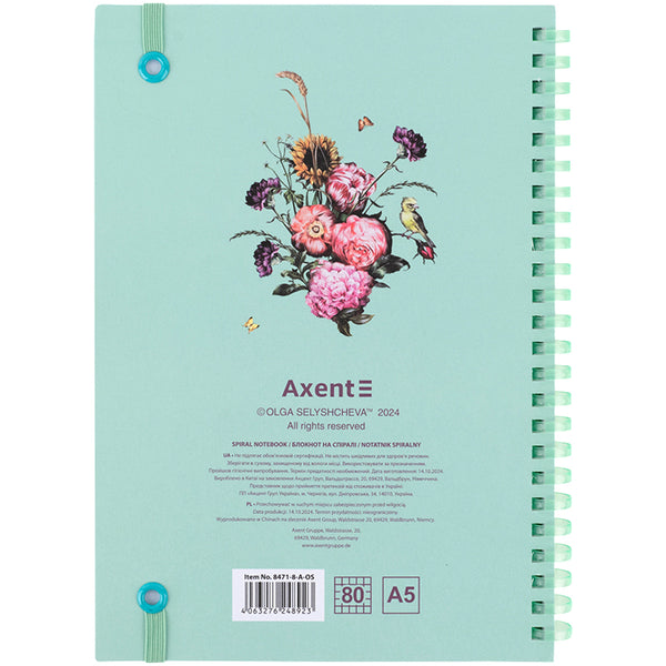 Spiral notebook Axent Olga Selyshcheva, Aqua field 8471-8-A-OS, A5, 80 sheets, squared, cardboard cover
